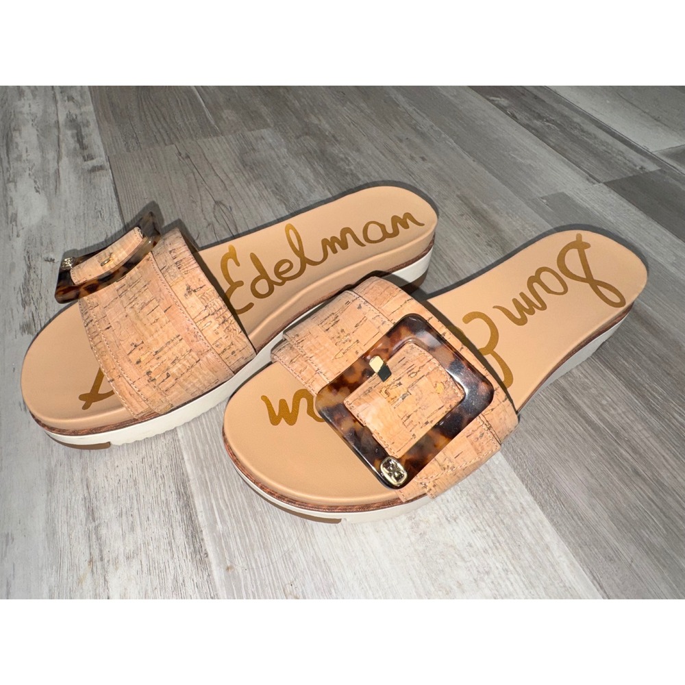 Sam Edelman Slide Sandals Women Tan Cork Tortoiseshell Buckle Platform 9.5